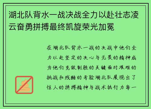 湖北队背水一战决战全力以赴壮志凌云奋勇拼搏最终凯旋荣光加冕